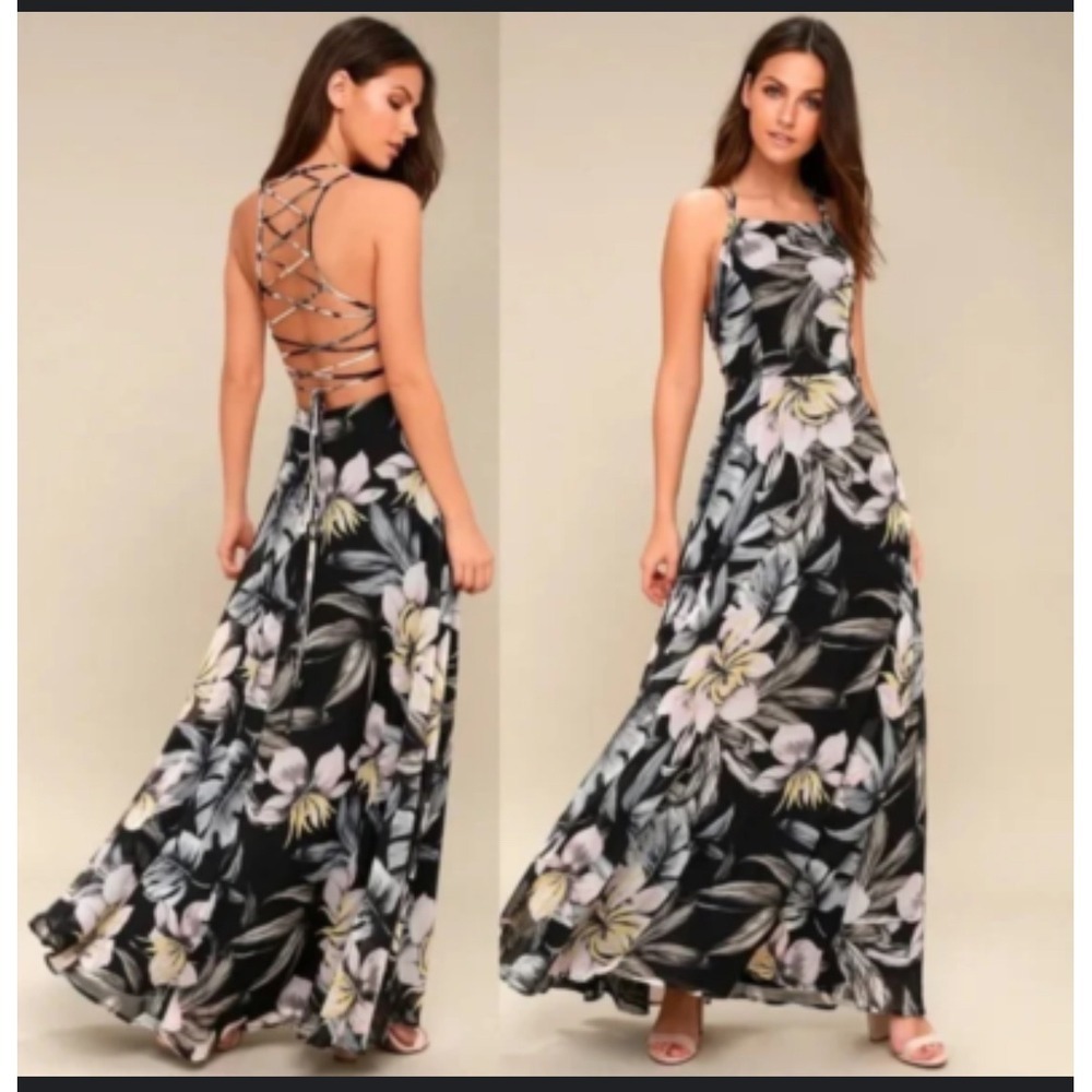 Lulus love abloom Black Floral Print Maxi Dress Spaghetti‎ Strap Lace Up Back M